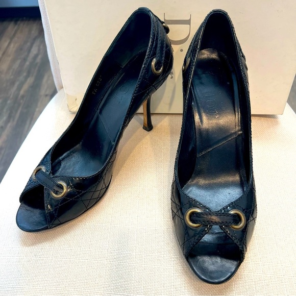 Christian DIOR Vintage Cannage High Heel Black Patent Leather Peep Toe Pumps 8.5 - Picture 4 of 17